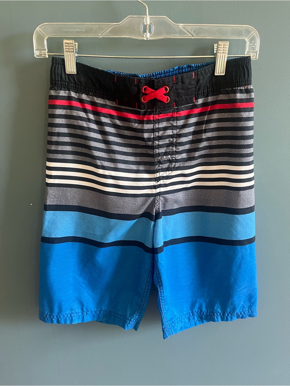 Boys Blue Striped Swim Trunks with Red Drawstring